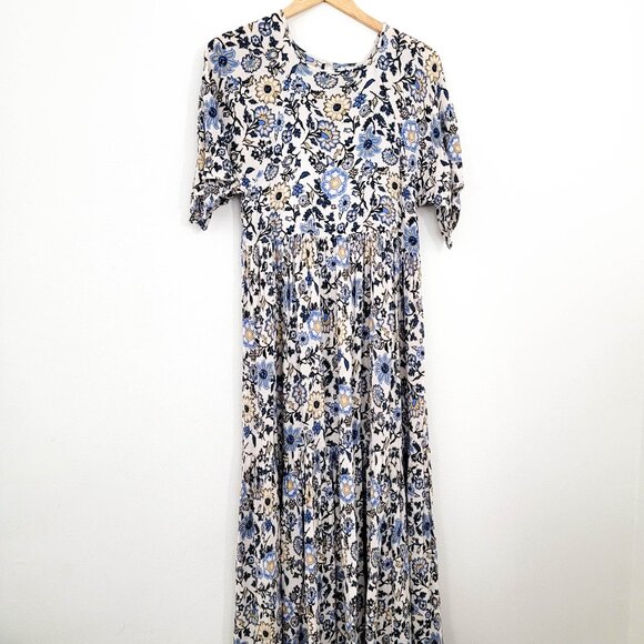 Christy Dawn Cream and Blue Floral Short Sleeve Maxi Dress Small - Picture 1 of 11